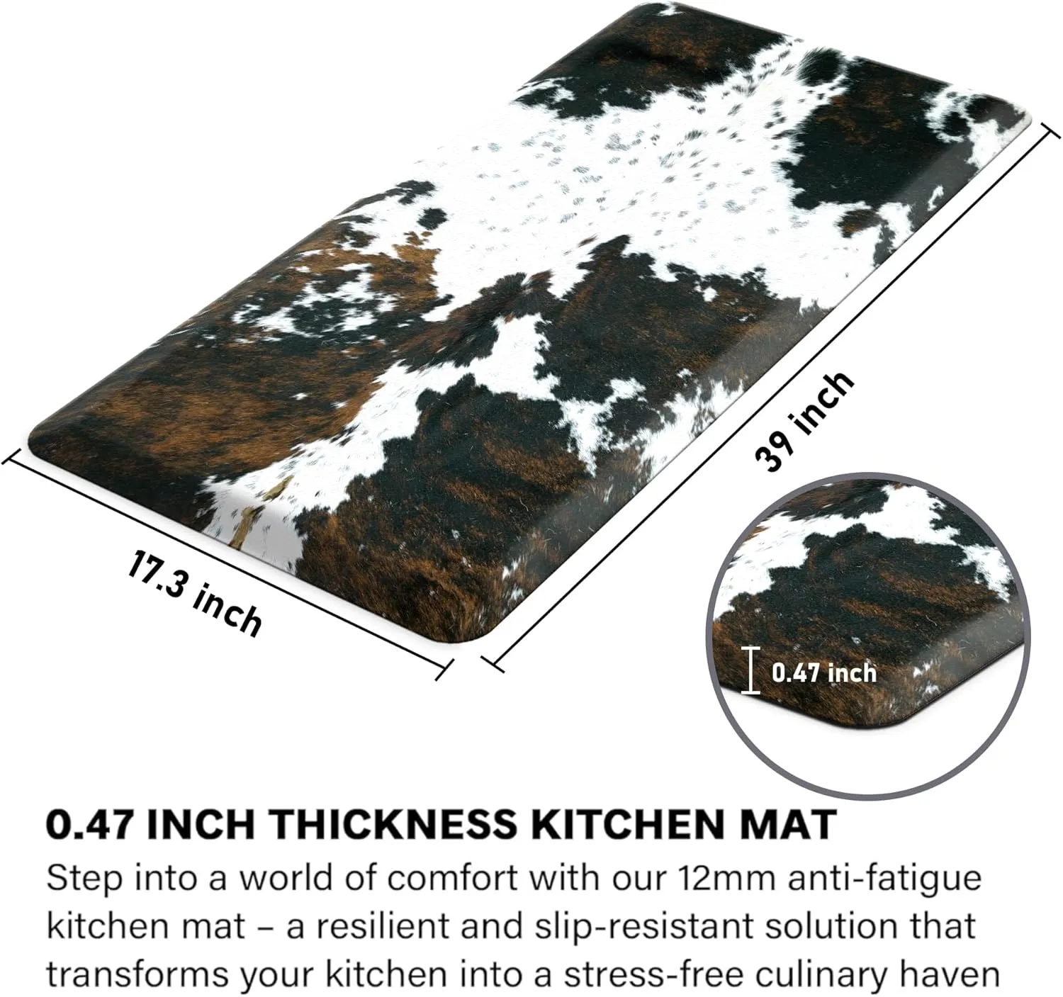 Cowhide Kitchen Mat Cushioned Anti Fatigue - 1/2 Inch Thick Western Cow Kitchen Mats for Floor, Non Slip PVC Waterproof Standing Desk Ergonomic Comfort Rugs for Sink, Office, Laundry, 17.3x39