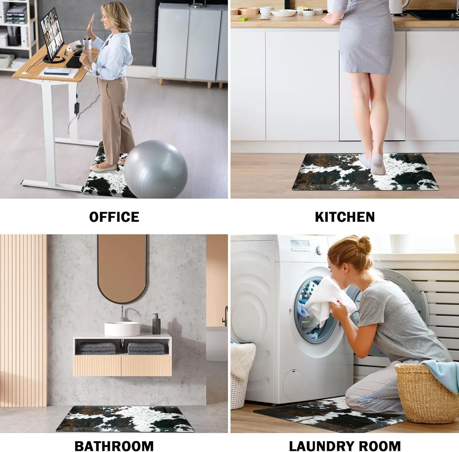 Cowhide Kitchen Mat Cushioned Anti Fatigue - 1/2 Inch Thick Western Cow Kitchen Mats for Floor, Non Slip PVC Waterproof Standing Desk Ergonomic Comfort Rugs for Sink, Office, Laundry, 17.3x39