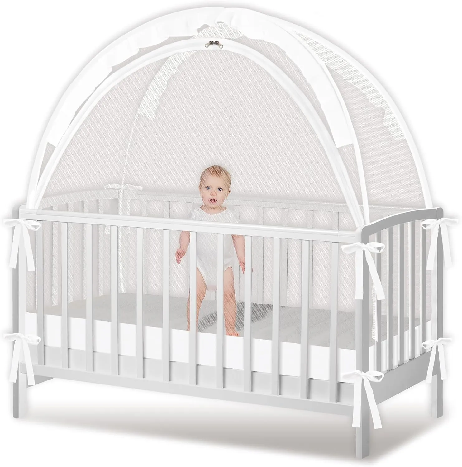 Crib Tent - Crib Net to Keep Baby in, Stop Baby from Climbing Out of Crib, Pop Up Baby Crib Tent with Double Zip Strong Rods and Breathable Net Clear Visibility Easy to Install (White, Large)