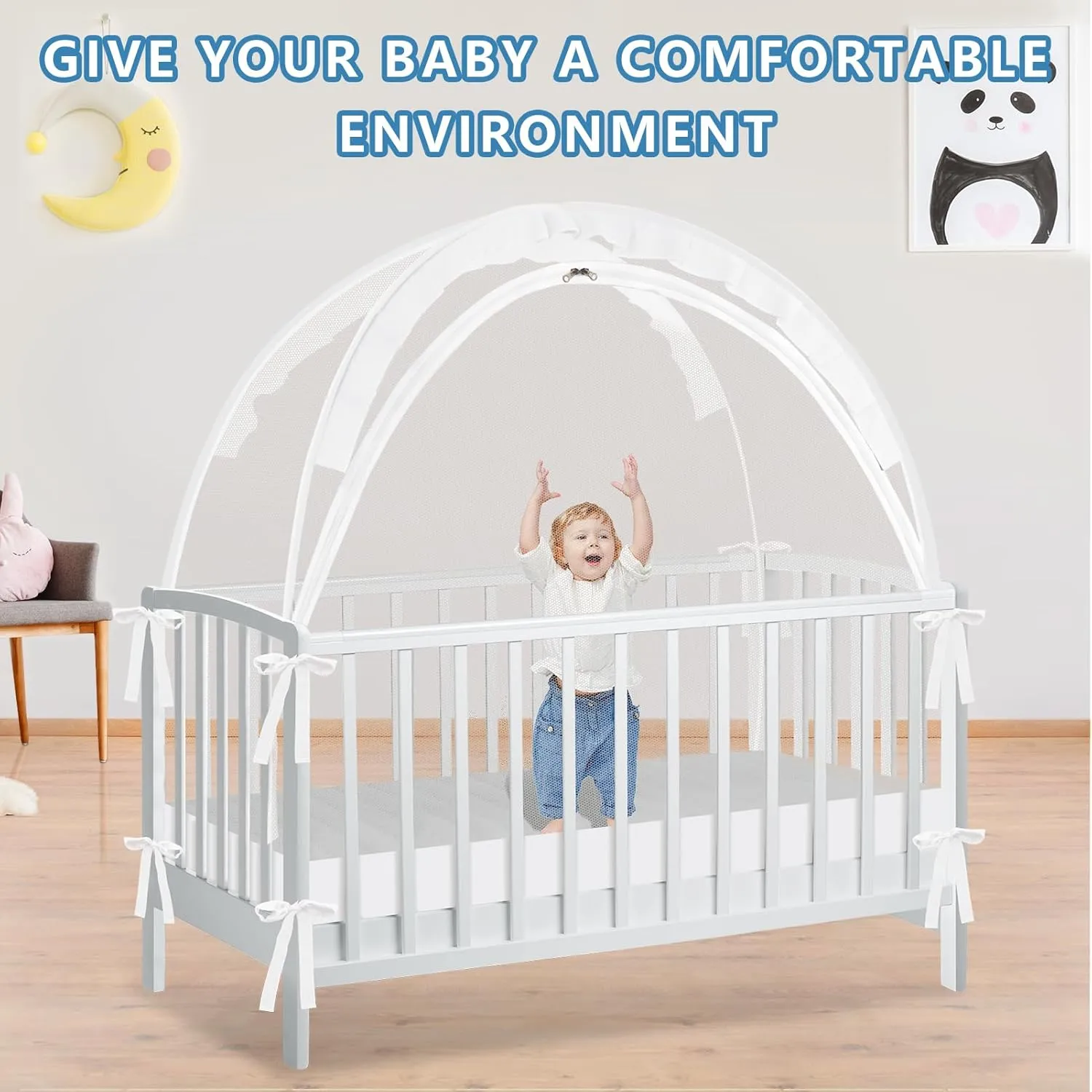 Crib Tent - Crib Net to Keep Baby in, Stop Baby from Climbing Out of Crib, Pop Up Baby Crib Tent with Double Zip Strong Rods and Breathable Net Clear Visibility Easy to Install (White, Large)