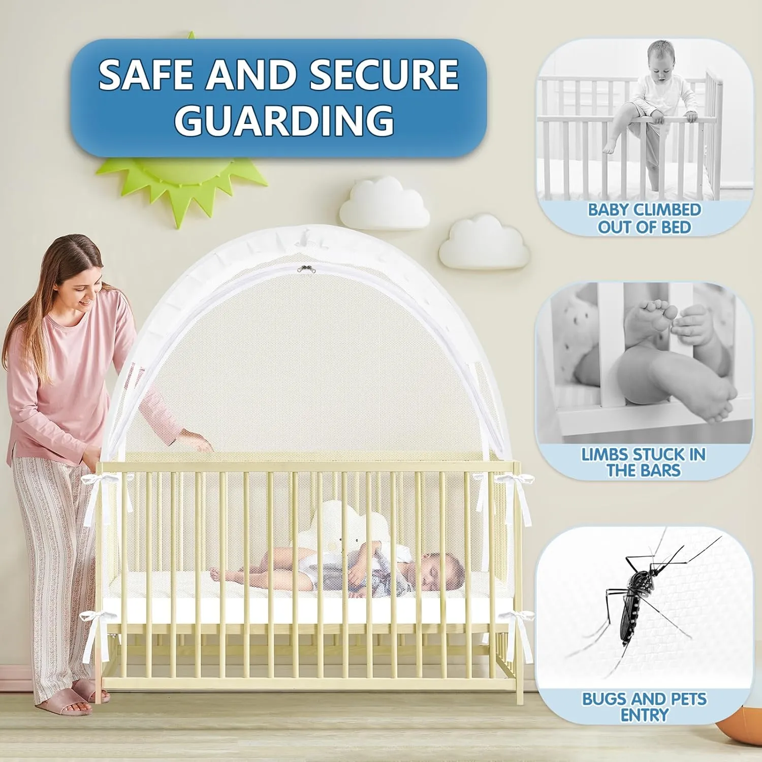 Crib Tent - Crib Net to Keep Baby in, Stop Baby from Climbing Out of Crib, Pop Up Baby Crib Tent with Double Zip Strong Rods and Breathable Net Clear Visibility Easy to Install (White, Large)