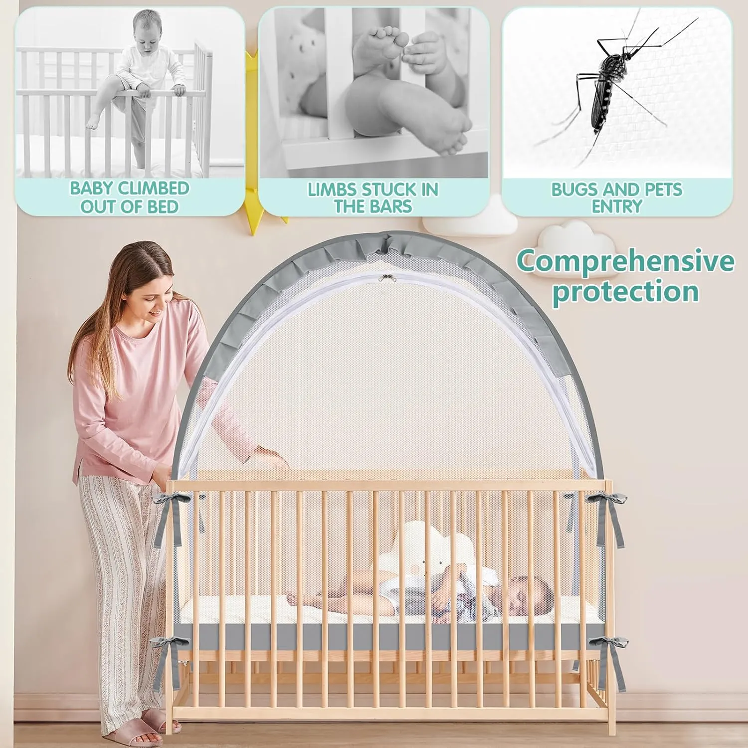 Crib Tent - Crib Net to Keep Baby in, Stop Baby from Climbing Out of Crib, Pop Up Crib Tent with Durable Breathable Net Double Zipper Strong Rods Installation Convenience