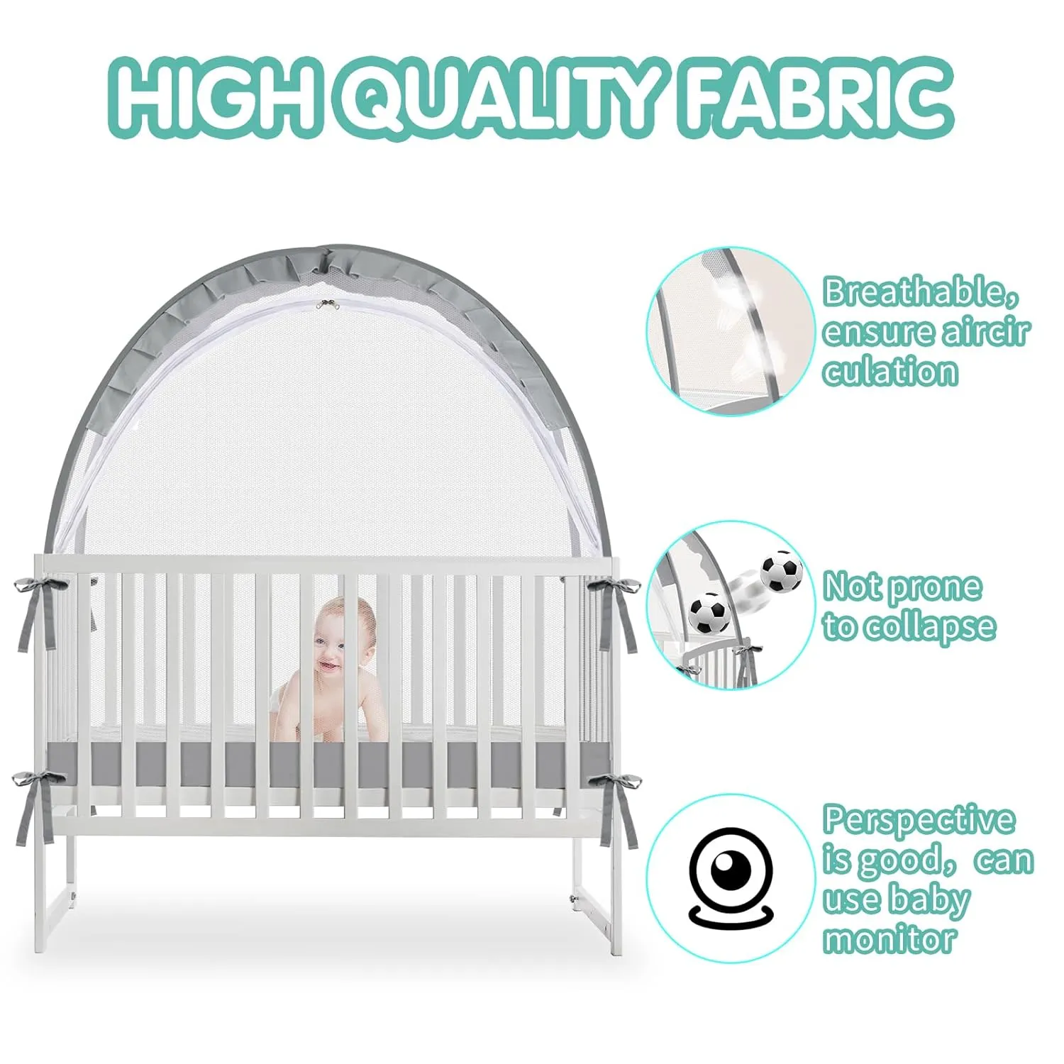 Crib Tent - Crib Net to Keep Baby in, Stop Baby from Climbing Out of Crib, Pop Up Crib Tent with Durable Breathable Net Double Zipper Strong Rods Installation Convenience