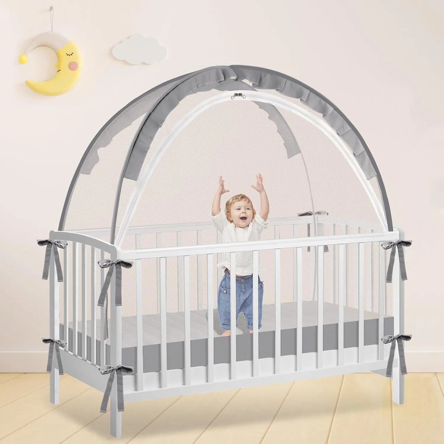 Crib Tent - Crib Net to Keep Baby in, Stop Baby from Climbing Out of Crib, Pop Up Crib Tent with Durable Breathable Net Double Zipper Strong Rods Installation Convenience
