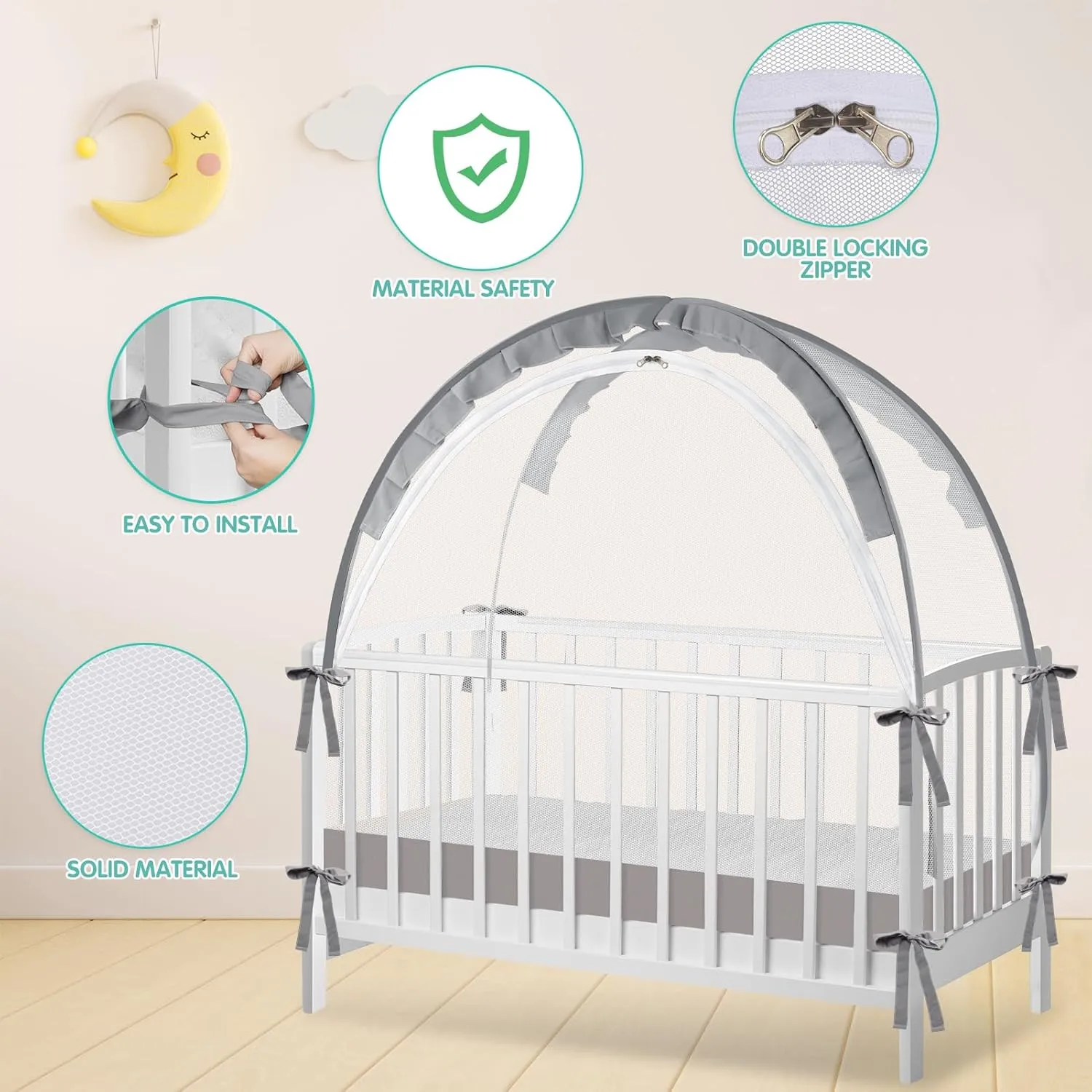 Crib Tent - Crib Net to Keep Baby in, Stop Baby from Climbing Out of Crib, Pop Up Crib Tent with Durable Breathable Net Double Zipper Strong Rods Installation Convenience