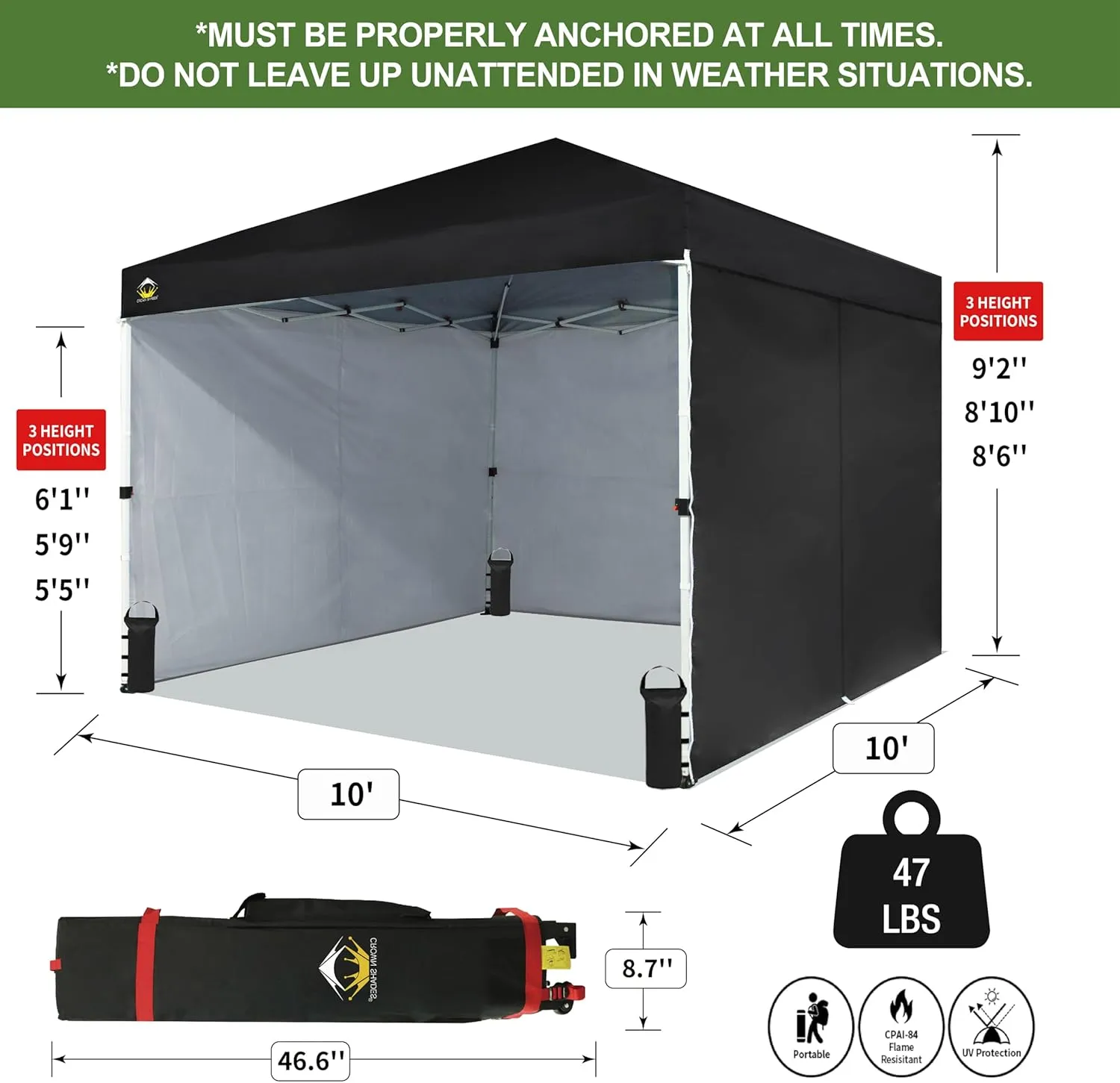 CROWN SHADES 10X10 Comercial Instant Canopy Pop Up Tent with Center Lock (10x10 with 4 Sidewalls, Black)