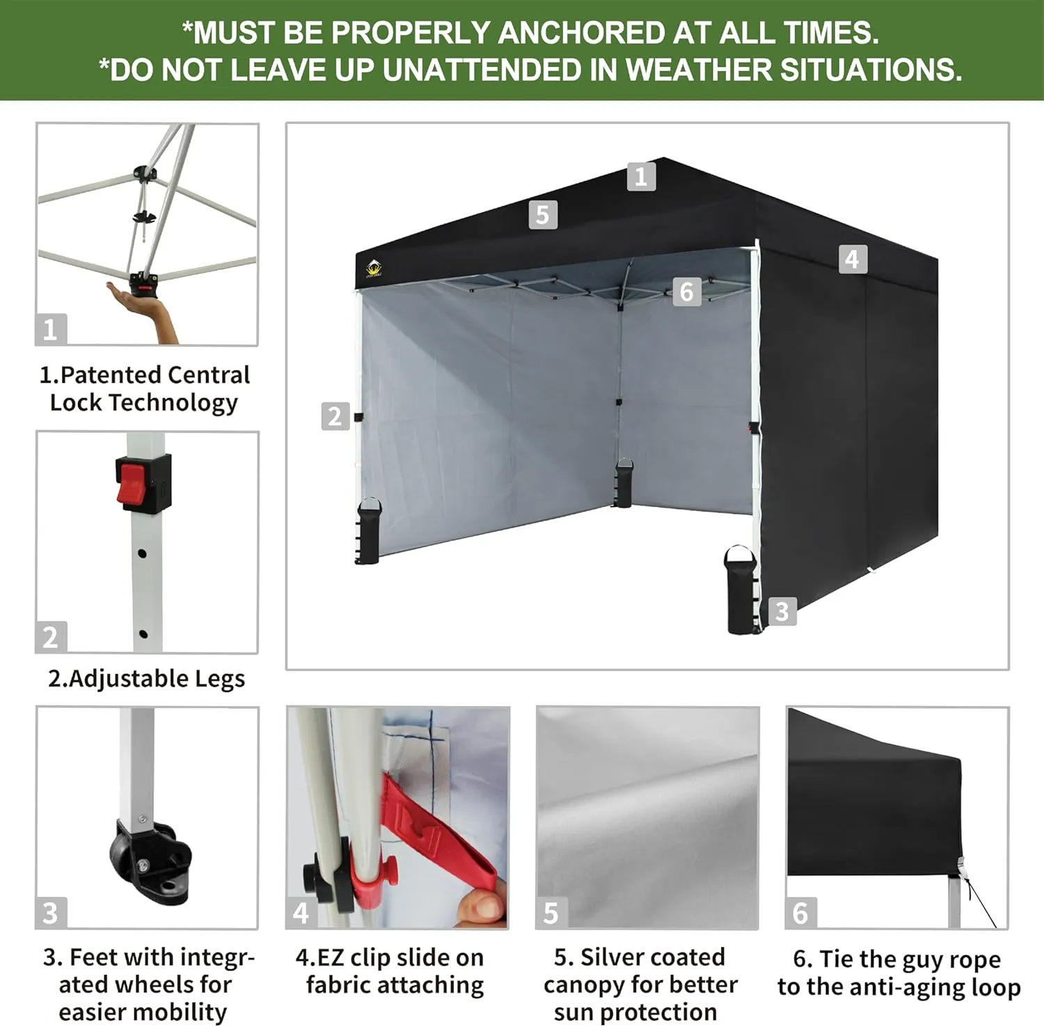 CROWN SHADES 10X10 Comercial Instant Canopy Pop Up Tent with Center Lock (10x10 with 4 Sidewalls, Black)