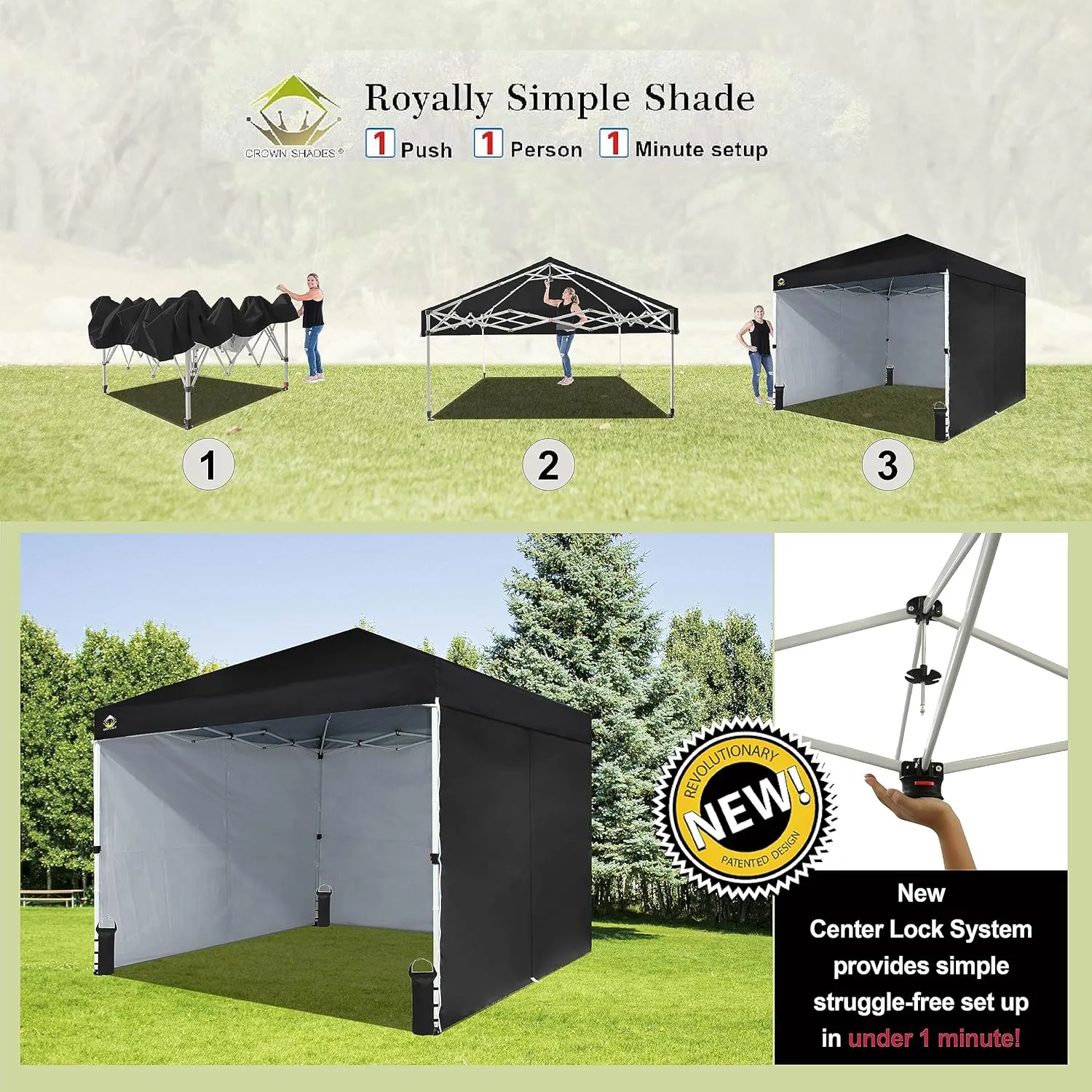 CROWN SHADES 10X10 Comercial Instant Canopy Pop Up Tent with Center Lock (10x10 with 4 Sidewalls, Black)