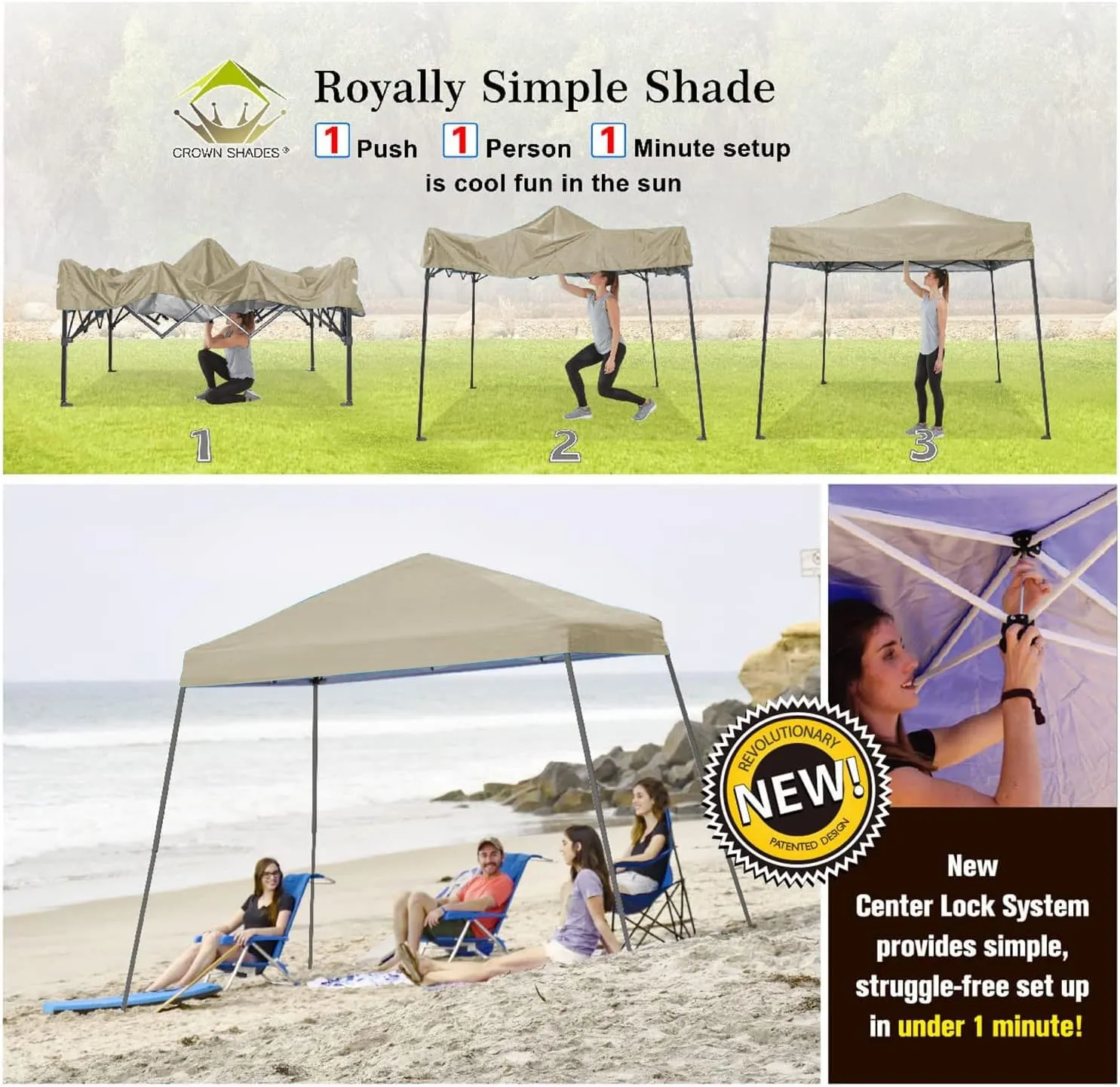 CROWN SHADES 6.5x6.5 Pop Up Canopy Tent, Slant Leg Outdoor Canopy with Carry Bag, Beach Tent, Sports Shelter(Beige)