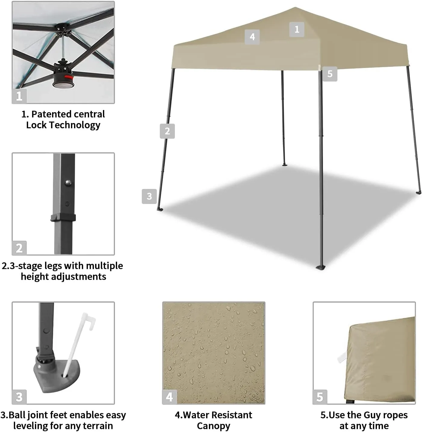 CROWN SHADES 6.5x6.5 Pop Up Canopy Tent, Slant Leg Outdoor Canopy with Carry Bag, Beach Tent, Sports Shelter(Beige)