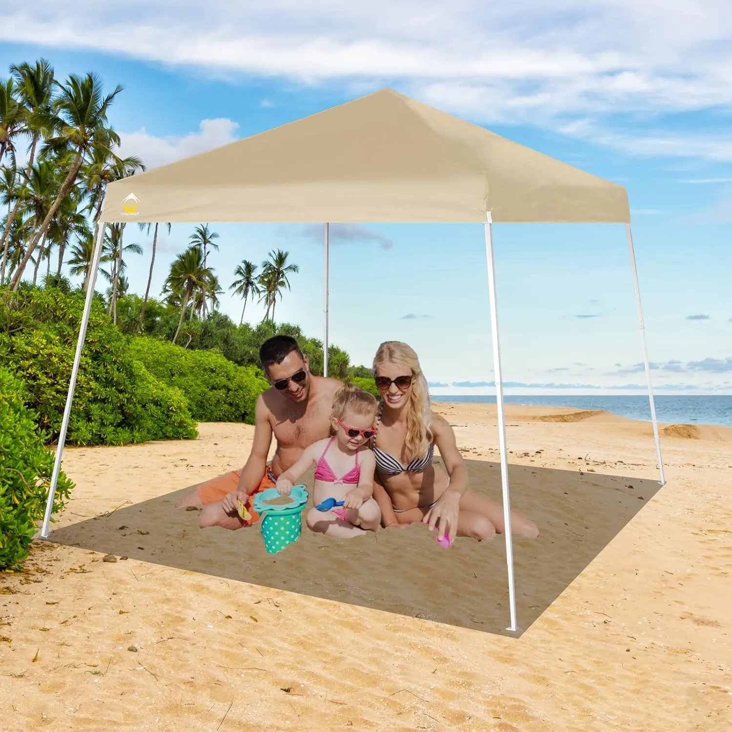 CROWN SHADES 6.5x6.5 Pop up Canopy Tent, Slant Leg Pop Up Beach Tent, 3 Height, Base 8x8 ft, Top 6.5x6.5 ft, Outdoor Canopy with Carry Bag, Beige
