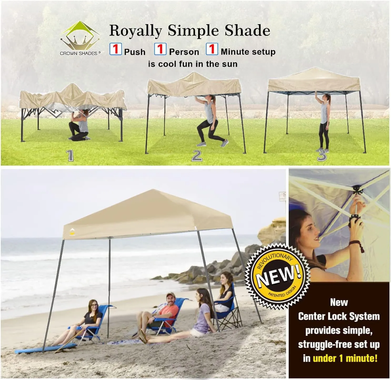 CROWN SHADES 6.5x6.5 Pop up Canopy Tent, Slant Leg Pop Up Beach Tent, 3 Height, Base 8x8 ft, Top 6.5x6.5 ft, Outdoor Canopy with Carry Bag, Beige