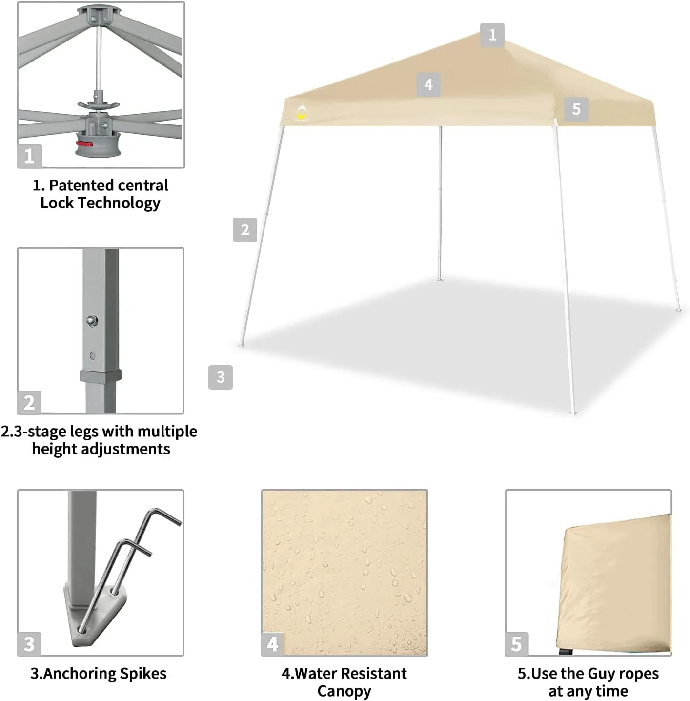 CROWN SHADES 6.5x6.5 Pop up Canopy Tent, Slant Leg Pop Up Beach Tent, 3 Height, Base 8x8 ft, Top 6.5x6.5 ft, Outdoor Canopy with Carry Bag, Beige