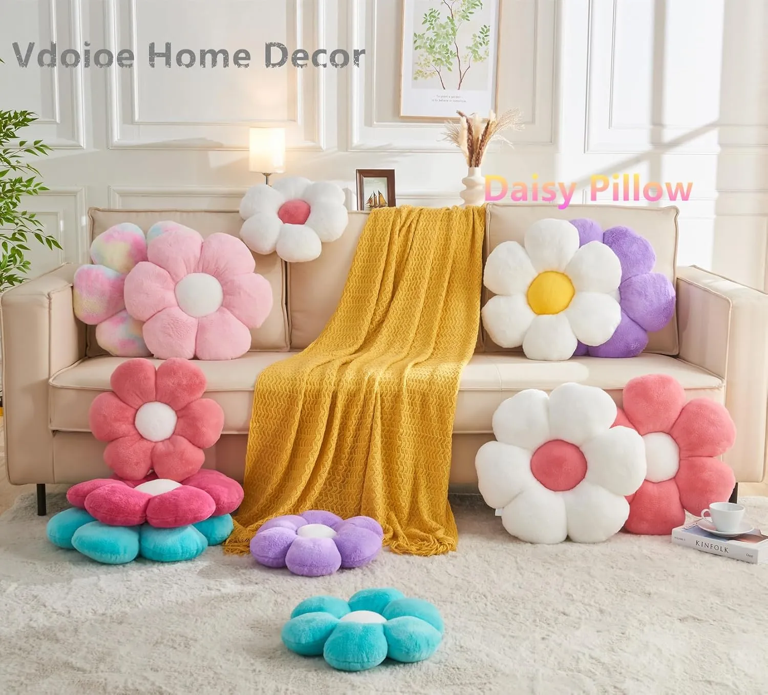 Daisy Flower Pillow 15.7In - Cute Shaped Decorative Cushion for Home Decor, Sofa, Couch, Bed, Reading Tent - Plush Throw Pillow