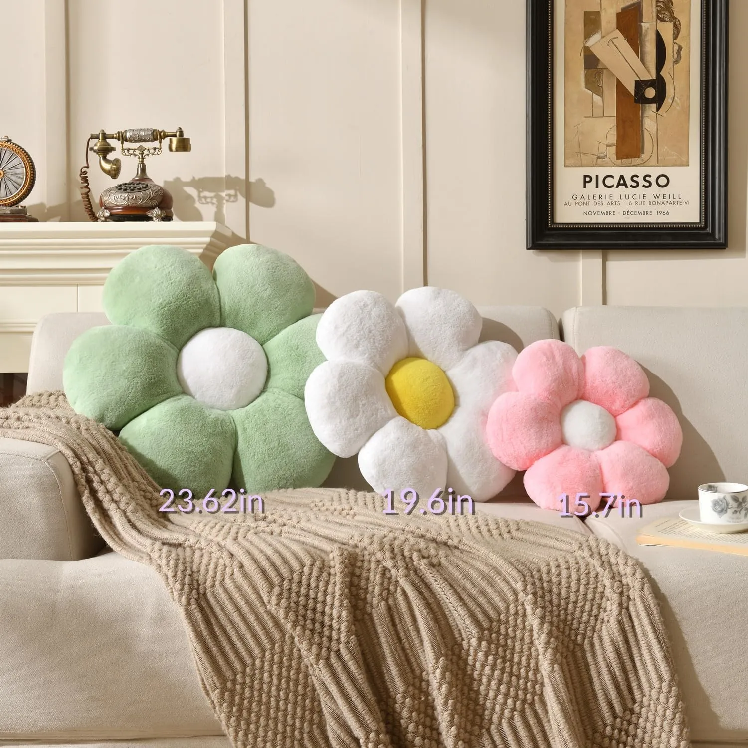 Daisy Flower Pillow 15.7In - Cute Shaped Decorative Cushion for Home Decor, Sofa, Couch, Bed, Reading Tent - Plush Throw Pillow