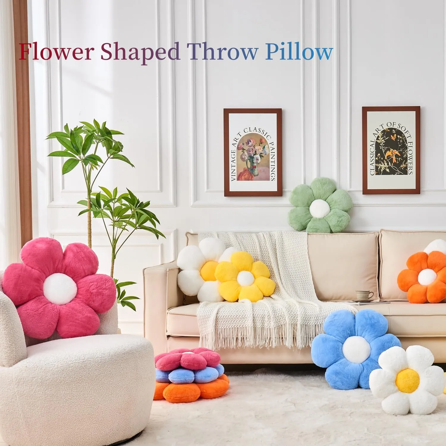 Daisy Flower Pillow 15.7In - Cute Shaped Decorative Cushion for Home Decor, Sofa, Couch, Bed, Reading Tent - Plush Throw Pillow