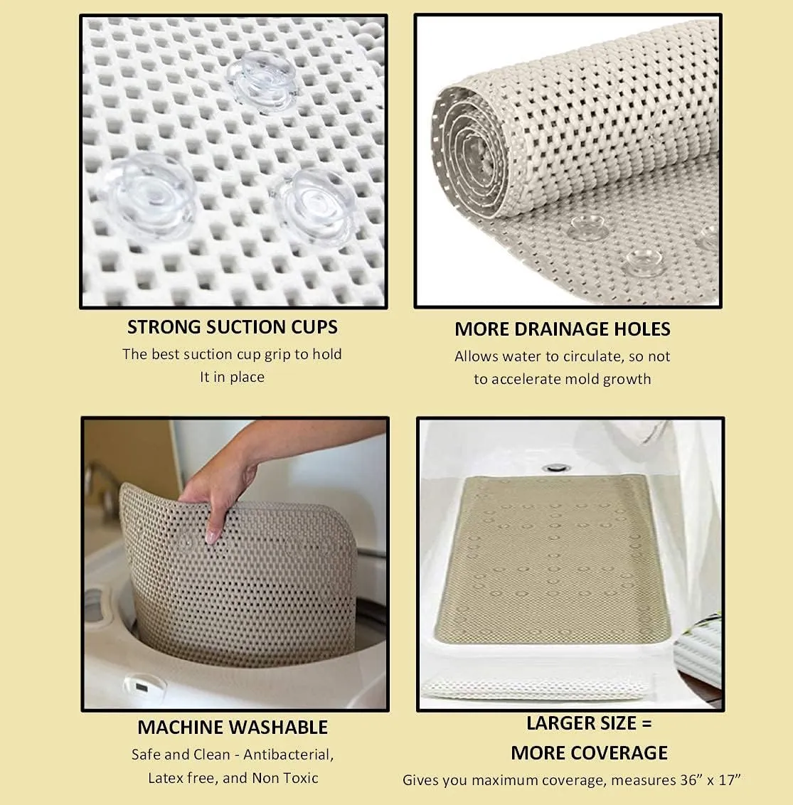Deluxe Bathtub Mat Non Slip, Soft Foam Bath Mats for Bathroom Tub, Bathtub Mat with Drain Holes, Suction Cups- 36” X 17” - Black
