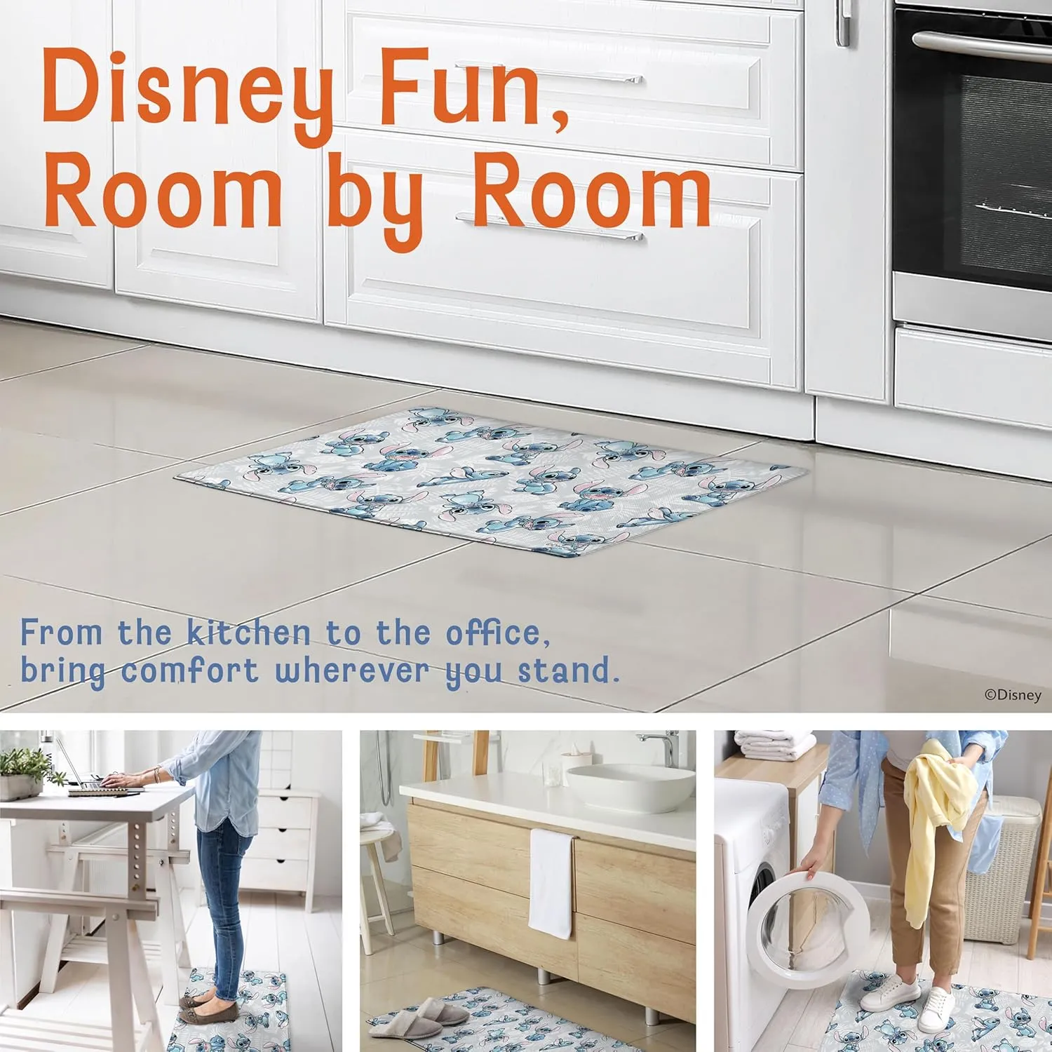 Disney Anti-Fatigue Kitchen Mats for Floor – Cushioned Kitchen Floor Mats with Non-Slip Backing – Water Resistant, Easy-to-Clean PVC Foam Mat – Mickey, Minnie, Stitch & Winnie The Pooh Designs