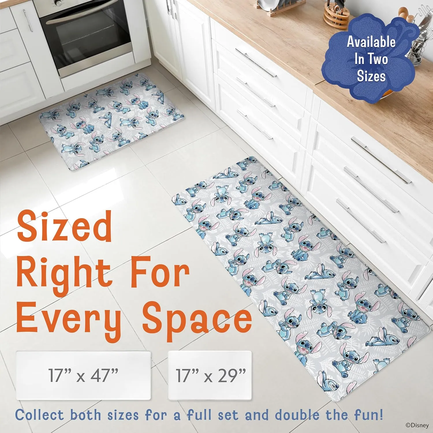 Disney Anti-Fatigue Kitchen Mats for Floor – Cushioned Kitchen Floor Mats with Non-Slip Backing – Water Resistant, Easy-to-Clean PVC Foam Mat – Mickey, Minnie, Stitch & Winnie The Pooh Designs