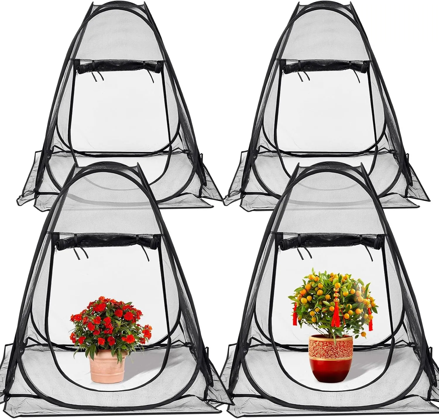 Domensi 4 Pcs Summer Pop Up Gardening Net Cover 33.5 x 33.5 x 37 Inch Pop up Mesh Plant Cover with 16 Ground Stakes for Vegetable Fruit Flower Plant Protectors from Animals Plant Tent Popup Greenhouse