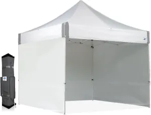 E-Z UP ES100S Instant Commercial Pop Up Canopy Tent, 10' x 10' with 3 Sidewalls, 1 Mid-Zip Sidewall and Wide-Trax Roller Bag, White