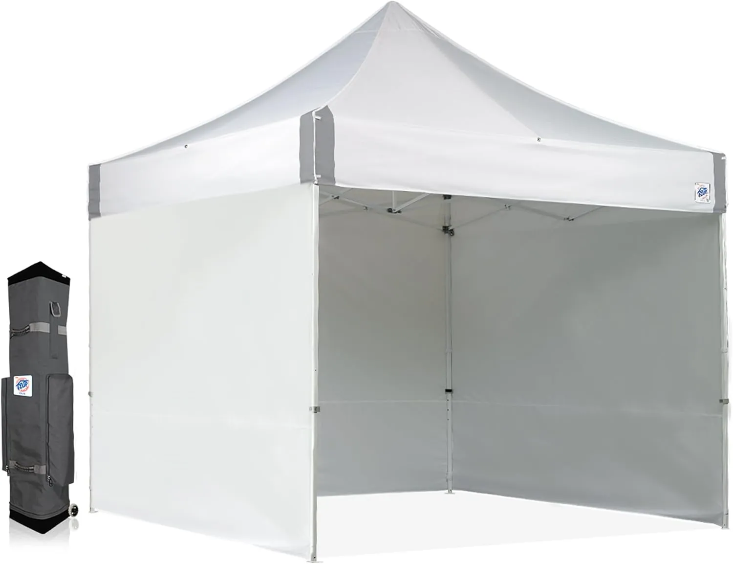 E-Z UP ES100S Instant Commercial Pop Up Canopy Tent, 10' x 10' with 3 Sidewalls, 1 Mid-Zip Sidewall and Wide-Trax Roller Bag, White