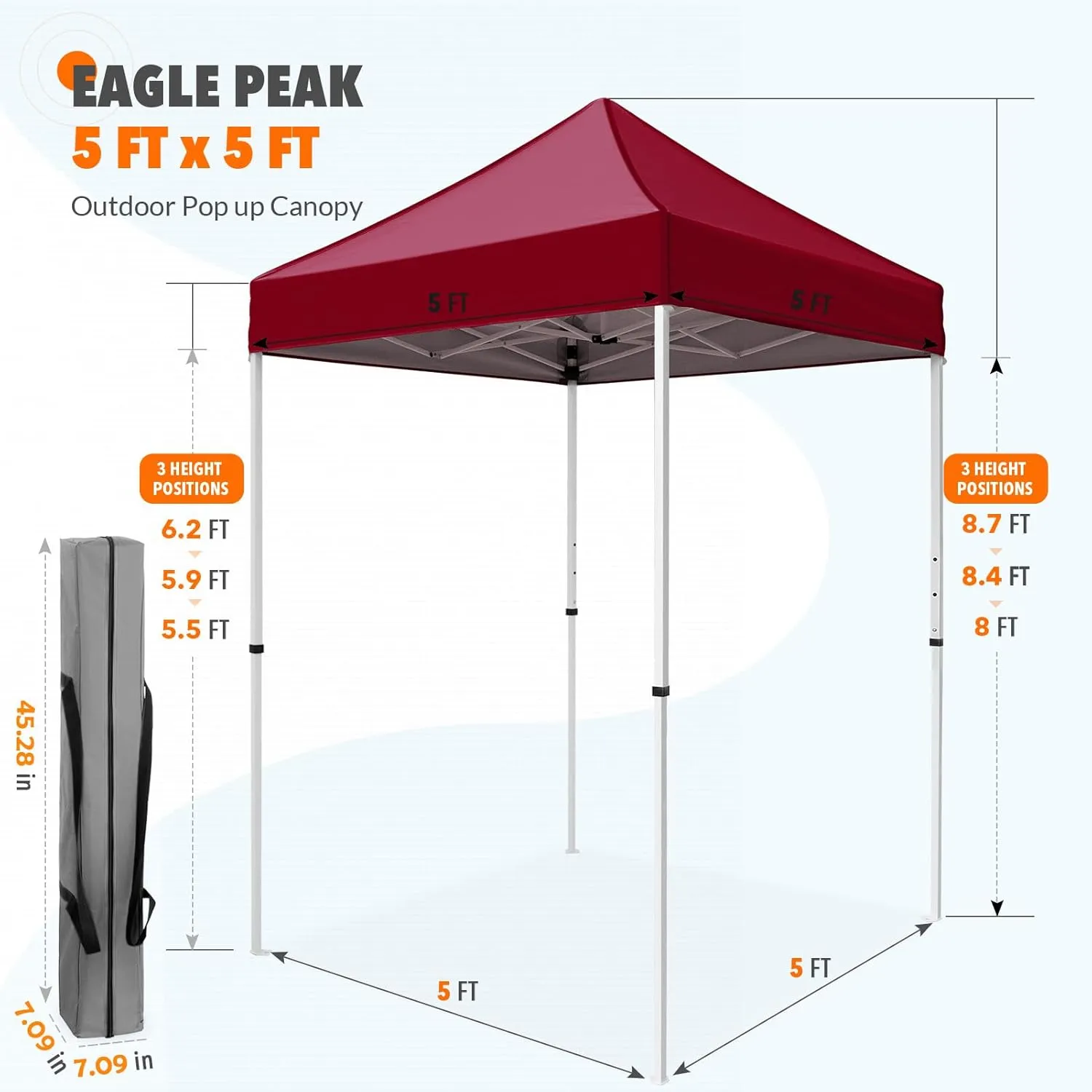EAGLE PEAK 5x5 Pop Up Canopy Tent Instant Outdoor Canopy Easy Set-up Straight Leg Folding Shelter, Burgundy