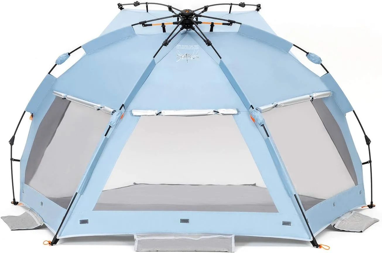 Easthills Outdoors Coastview Classic L 2-4 Person Beach Tent Quick Setup Instant Anti UV Double Silver Coated Sun Shelter with Extended Floor & Big Window Sky Blue