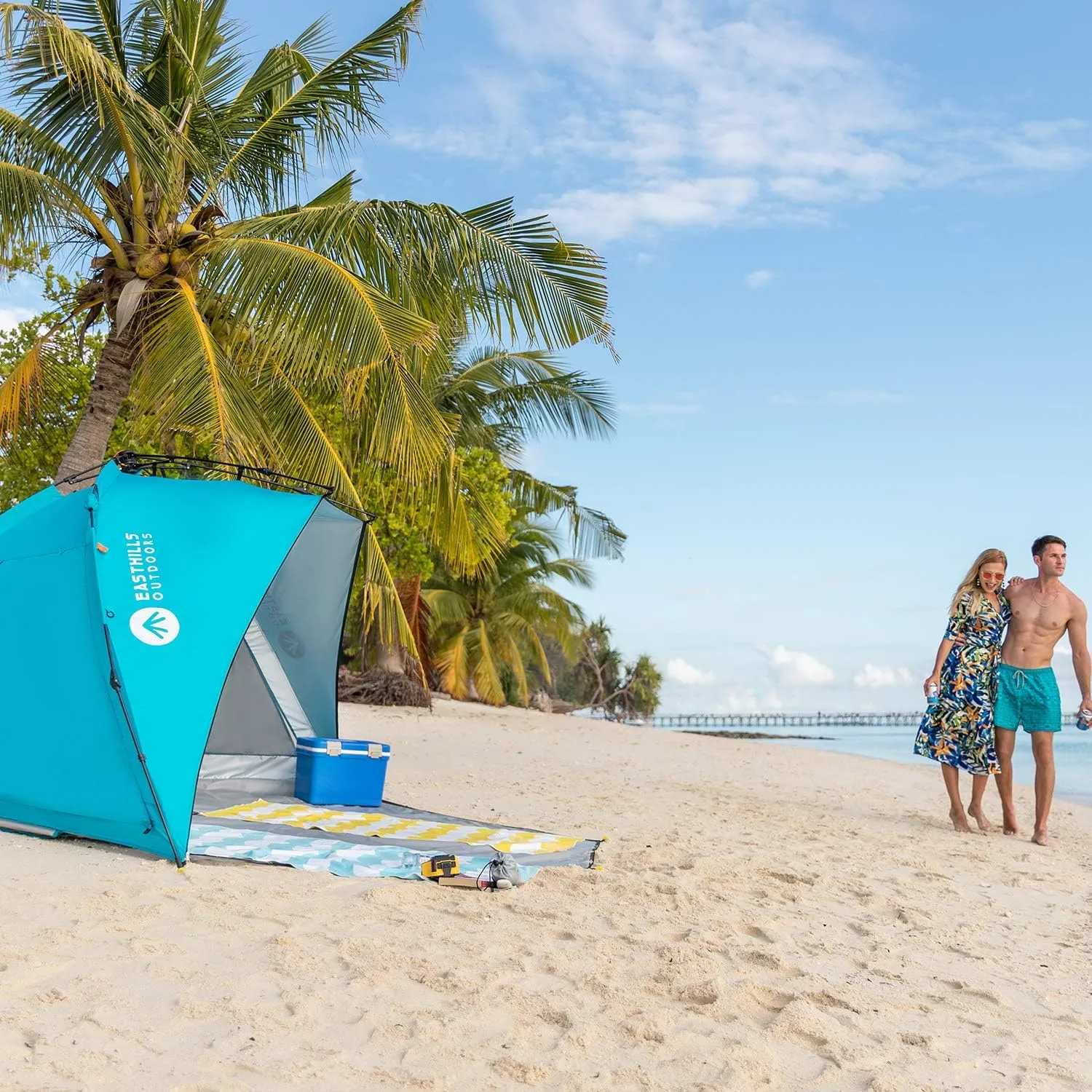 Easthills Outdoors Coastview Ultra XL 4-6 Person Family Beach Tent Quick Setup Instant Anti UV Double Silver Coated Sun Shelter with Extended Floor & Big Window Pacific Blue