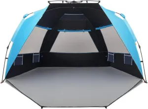 Easthills Outdoors Instant Shader Dark Shelter XL Beach Tent 99" Wide for 4-6 Person Sun Shelter UPF 50  with Extended Zippered Porch Pacific Blue