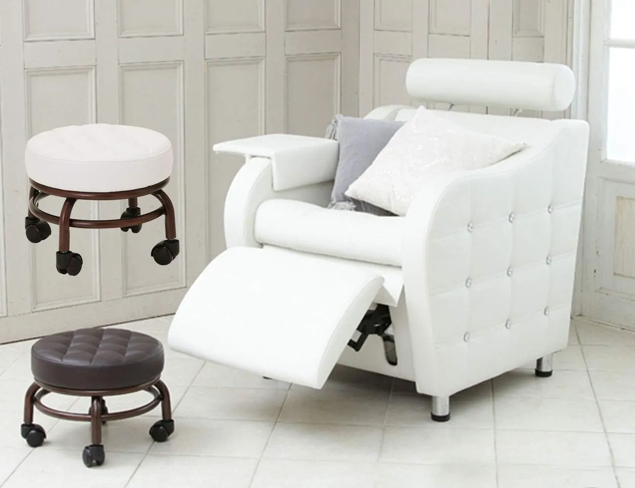 Elitzia Pedicure Stool Beauty Salon Foot Bath Footstool Two Colors Optional ET28499 White Colour Thick Foam Support Quality Wheels