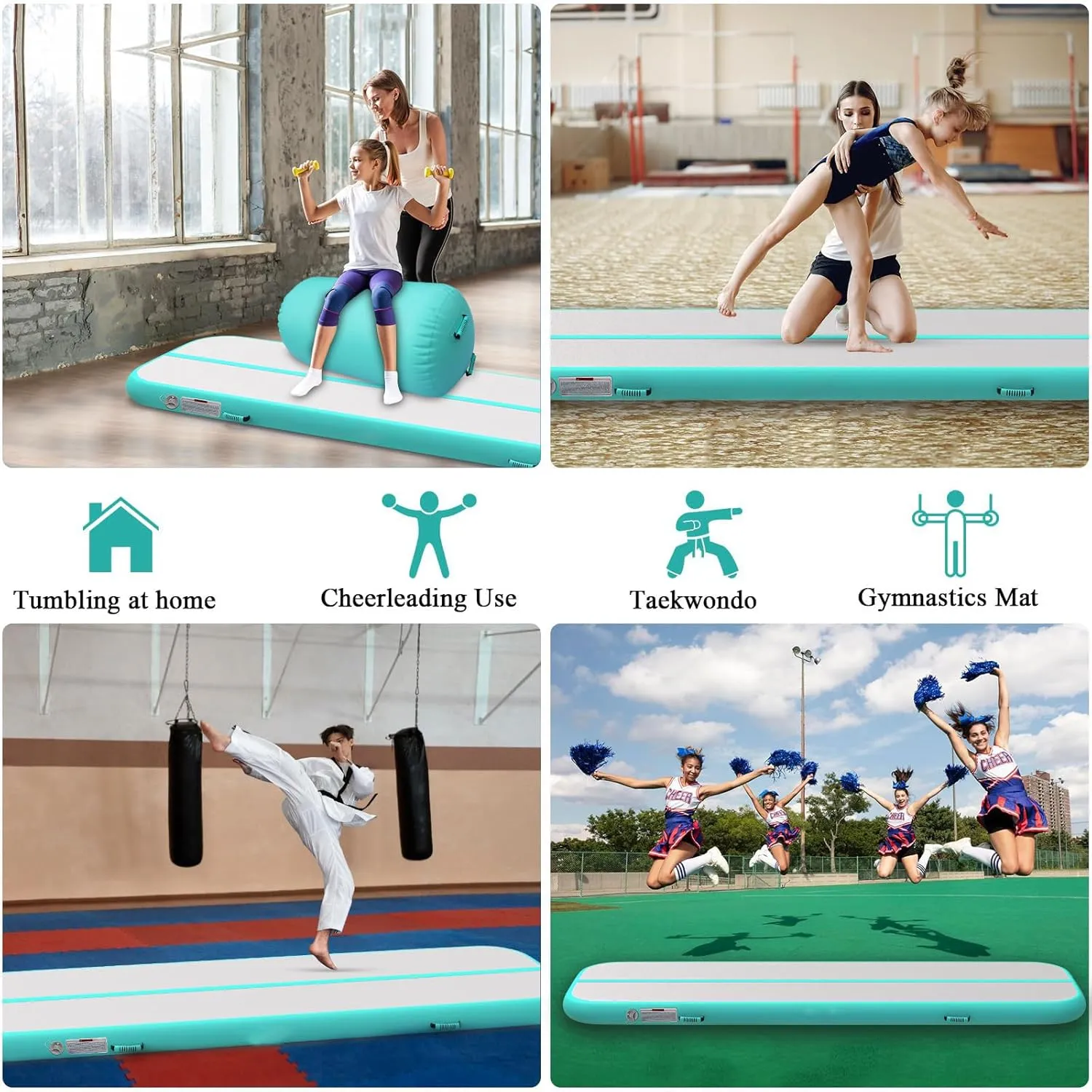 Estgora Tumble Track Mats For Gymnastics 20ft 16ft 13ft 10ft 6.6ft Gymnastics Mat For Tumbling 4/8 Inch Thick Inflatable Air Tumbling Matts For kids Home Use Pool Cheerleading with 600W Electric Pump