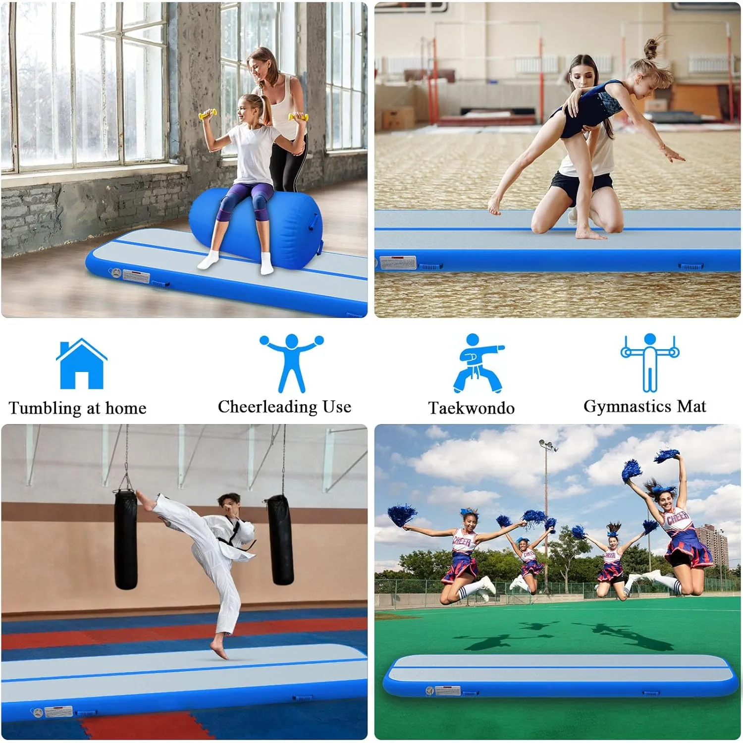 Estgora Tumble Track Mats For Gymnastics 20ft 16ft 13ft 10ft 6.6ft Gymnastics Mat For Tumbling 4/8 Inch Thick Inflatable Air Tumbling Matts For kids Home Use Pool Cheerleading with 600W Electric Pump