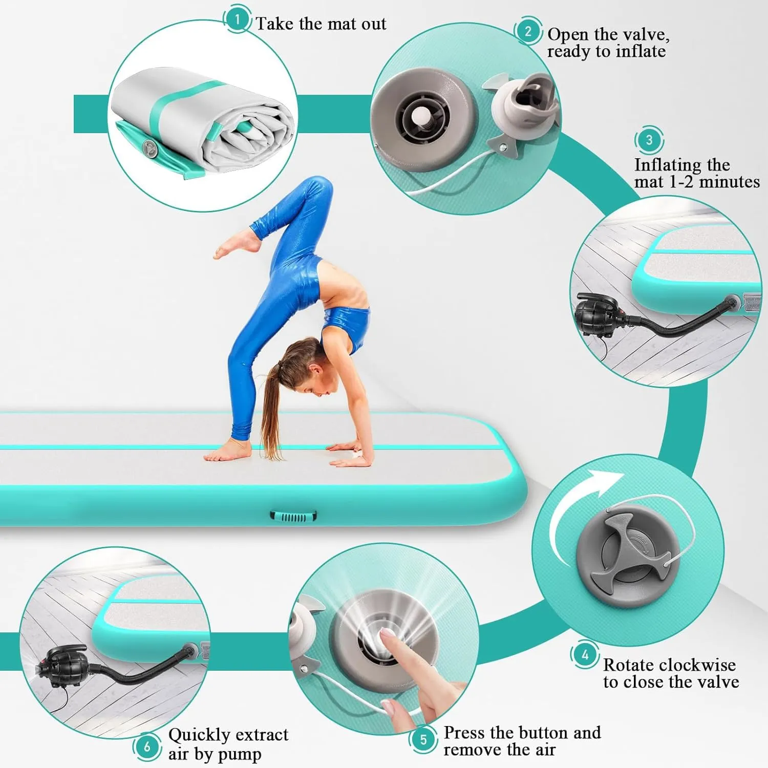 Estgora Tumble Track Mats For Gymnastics 20ft 16ft 13ft 10ft 6.6ft Gymnastics Mat For Tumbling 4/8 Inch Thick Inflatable Air Tumbling Matts For kids Home Use Pool Cheerleading with 600W Electric Pump