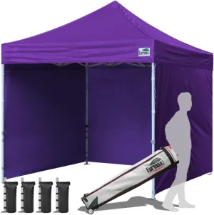 Eurmax USA 10'x10' Pop-up Canopy Tent Commercial Instant Canopies with 4 Removable Zipper End Side Walls and Roller Bag, Bonus 4 SandBags(Purple)