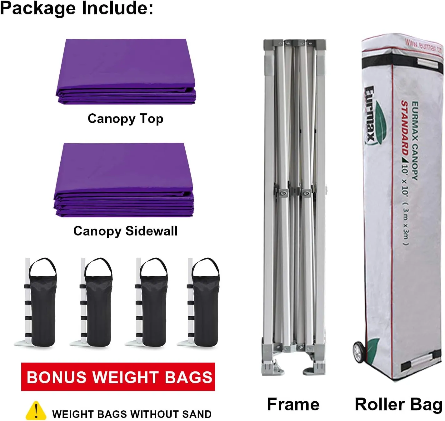 Eurmax USA 10'x10' Pop-up Canopy Tent Commercial Instant Canopies with 4 Removable Zipper End Side Walls and Roller Bag, Bonus 4 SandBags(Purple)