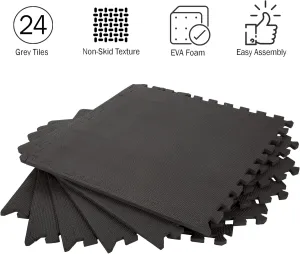 EVA Foam Mat Tiles 24-Pack - 96 SQ FT of Interlocking Padding for Garage, Playroom, or Gym Flooring - Exercise Mat or Baby Playmat by Stalwart (Black)