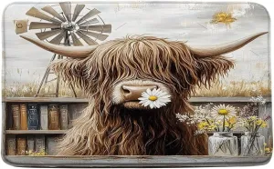 Farmhouse Highland Cow Bath Mat Funny Cattle Rustic Daisy Floral Vintage Windmill Mountain Western Animal Bathroom Kitchen Floor Mat Doormat Microfiber Home Decoration Rug，24x47Inch