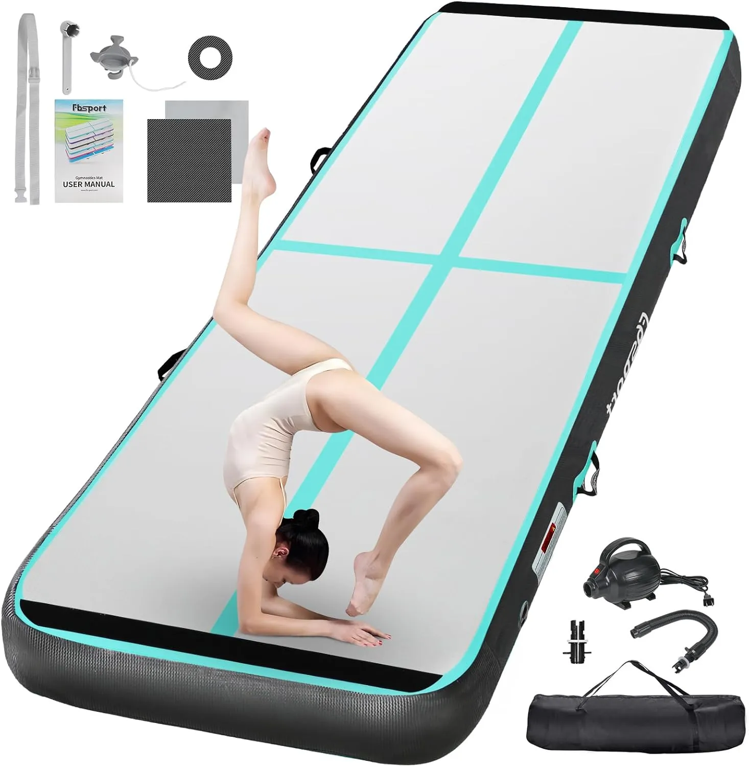FBSPORT 13ft Inflatable Air Gymnastics Mat Training Mats 4 inches Thickness Gymnastics Tracks for Home Use/Training/Cheerleading/Yoga/Water with Pump Black Green