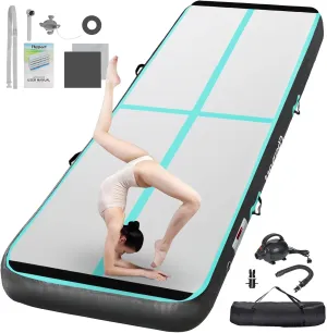 FBSPORT 13ft Inflatable Air Gymnastics Mat Training Mats 4 inches Thickness Gymnastics Tracks for Home Use/Training/Cheerleading/Yoga/Water with Pump Black Green