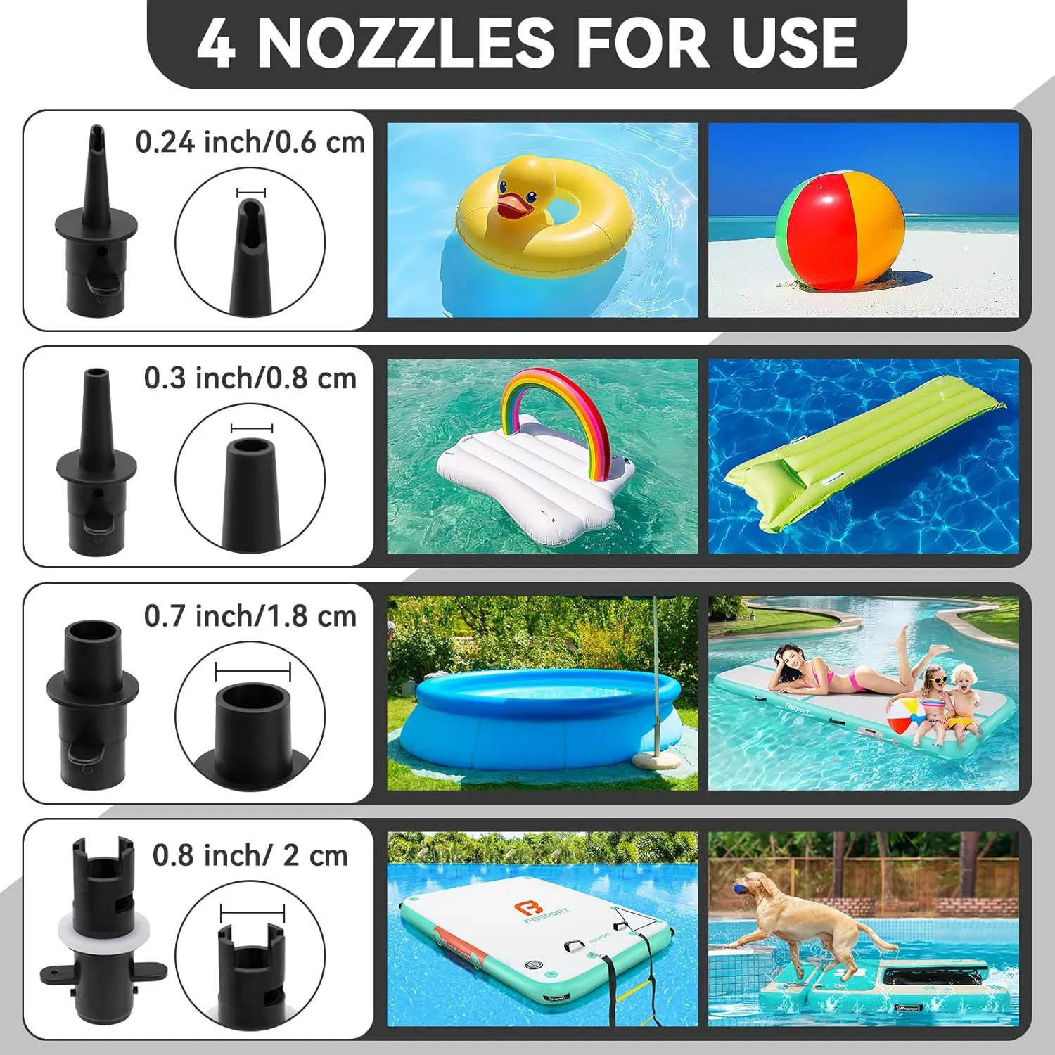 FBSPORT Air Pump for Inflatable Mat, Electric Air Pump 600W with 4 Nozzles, Portable and Fast Inflation AC110-120V, Suitable for Air Mat Float Dock Inflatable Beds
