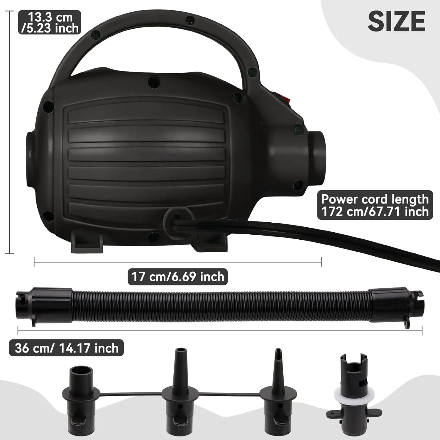 FBSPORT Air Pump for Inflatable Mat, Electric Air Pump 600W with 4 Nozzles, Portable and Fast Inflation AC110-120V, Suitable for Air Mat Float Dock Inflatable Beds