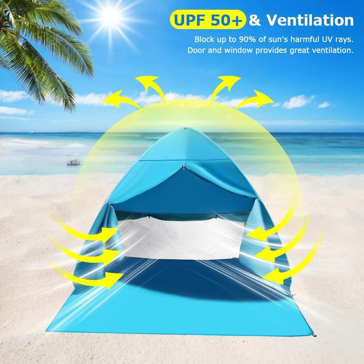 FBSPORT Beach Tent, UPF 50  Easy Pop Up Beach Shade Beach Tent, Sun Shelter Instant Portable Beach Tent Umbrella Baby Canopy Cabana with Carry Bag, Sky Blue