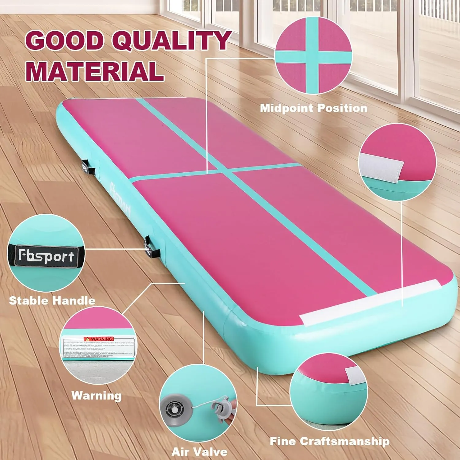 FBSPORT Inflatable Air Gymnastics Mat Training Mats 4/8 inches Thickness Gymnastics Tracks for Home Use/Training/Cheerleading/Yoga/Water with Pump