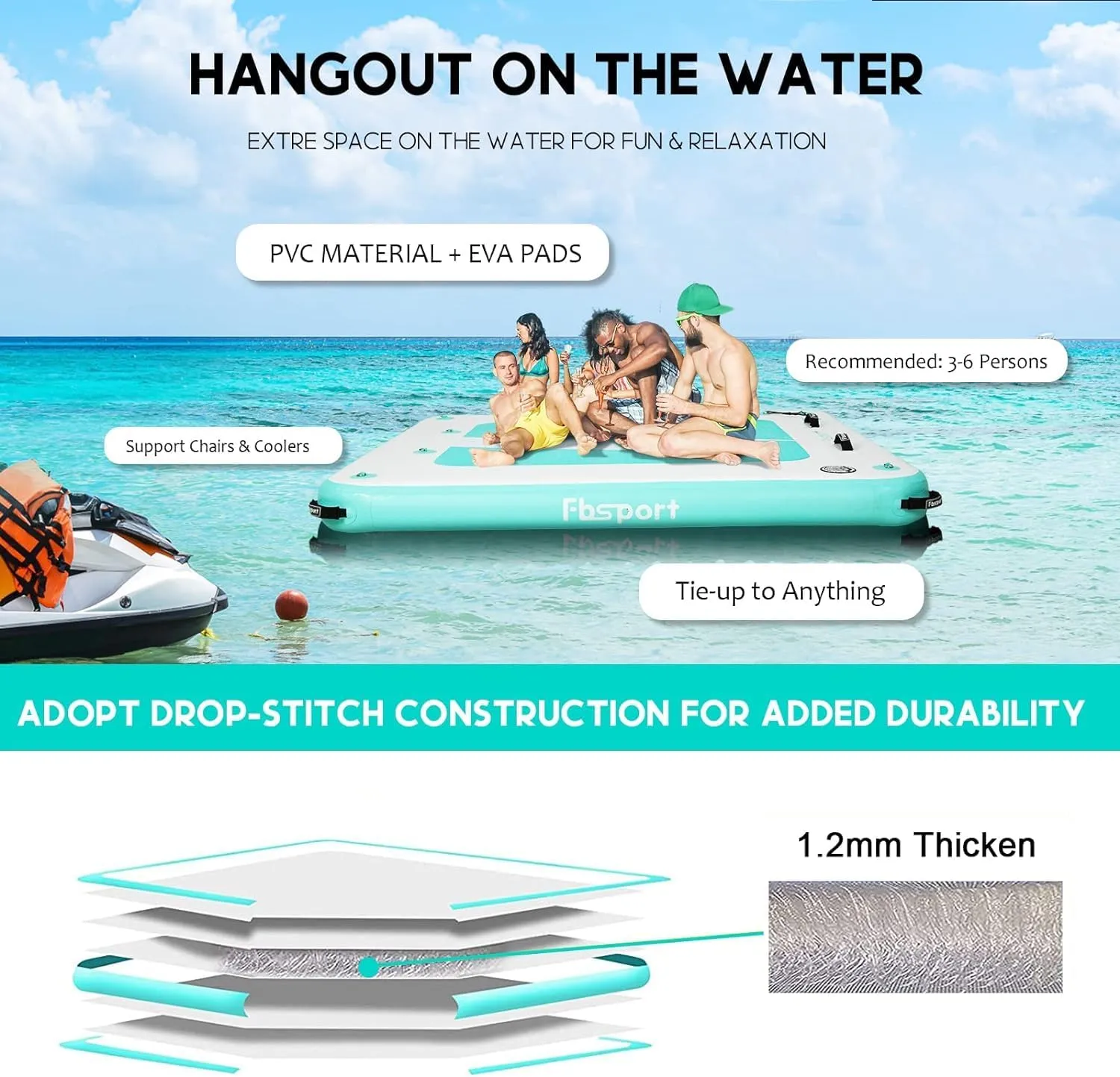 FBSPORT Inflatable Floating Dock, 10ft 8ft 6ft Inflatable Air Dock Platform Floating Island Raft with Non-Slip Surface, Inflatable Water Floating Dock Mat for Lake Pool Beach Ocean