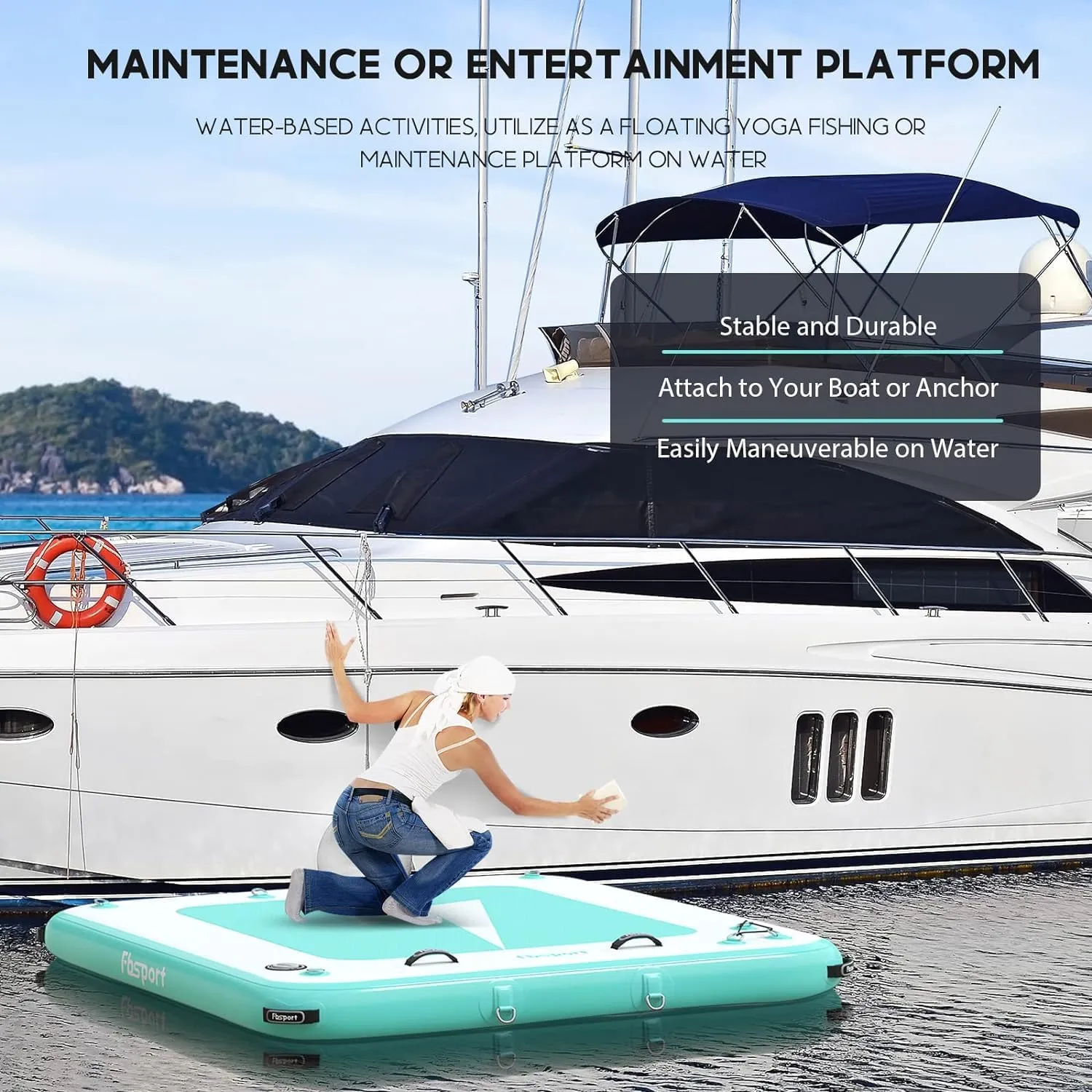 FBSPORT Inflatable Floating Dock, 10ft 8ft 6ft Inflatable Air Dock Platform Floating Island Raft with Non-Slip Surface, Inflatable Water Floating Dock Mat for Lake Pool Beach Ocean