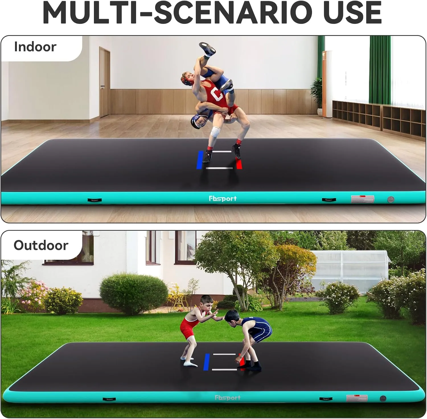 FBSPORT Inflatable Wrestling Mat 13ft /10ft /5ft, Outdoor and Indoor PVC Jiu Jitsu Mats, Gymnastics Training Mat Foldable for BJJ, MMA, Martial Art, Boxing, Grappling and Judo