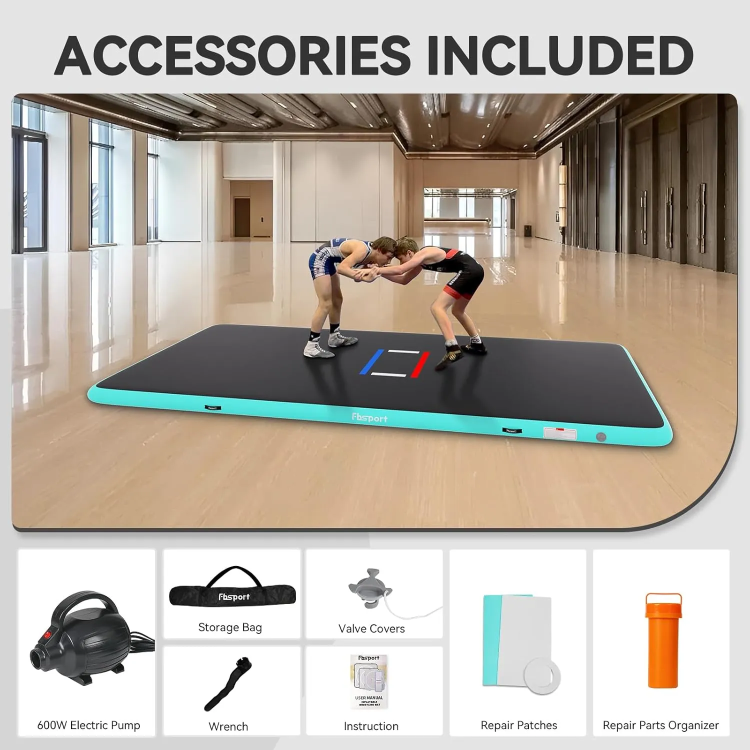 FBSPORT Inflatable Wrestling Mat 13ft /10ft /5ft, Outdoor and Indoor PVC Jiu Jitsu Mats, Gymnastics Training Mat Foldable for BJJ, MMA, Martial Art, Boxing, Grappling and Judo