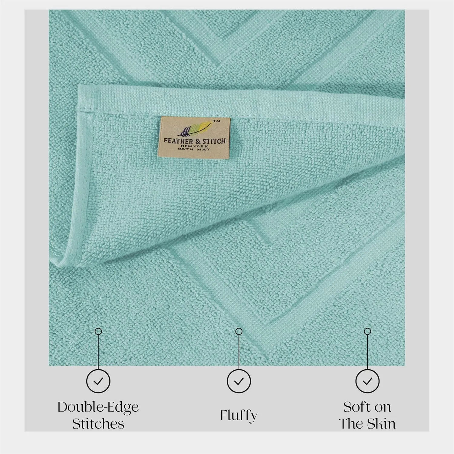 Feather & Stitch 2 Piece Towel Like Bath Mats (30x21 Inch) 100% Cotton Terry Mat for Hotel, Spa, Shower Floor Mats [NOT A Bathroom Rug], Soft Absorbent Washable Mats - Sea Foam