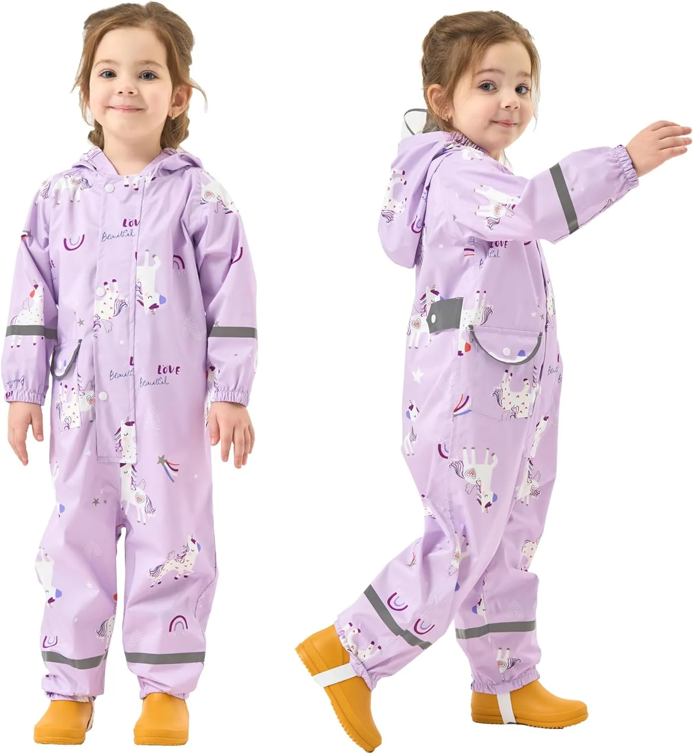 Fewlby Kids Rain Suit Toddler Girls Raincoats One Piece Hoodie Cartoon Rain Gear Coverall Waterproof Rainwear